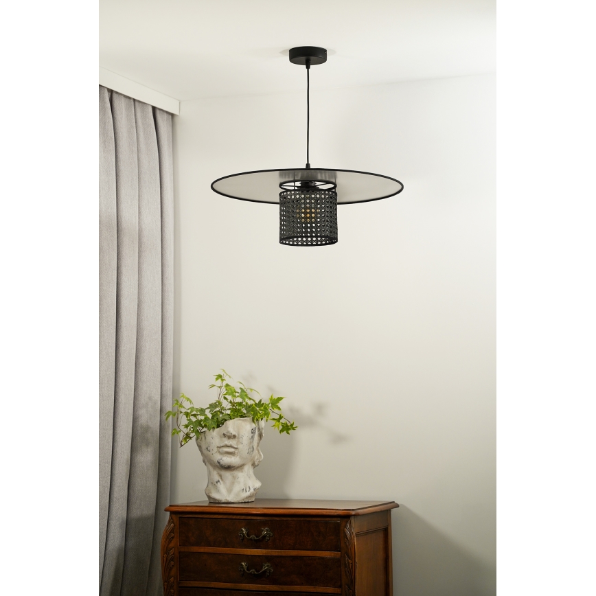 Duolla - Ljuskrona med textilsladd TOKYO RATTAN 1xE27/15W/230V diameter 50 cm svart/silver