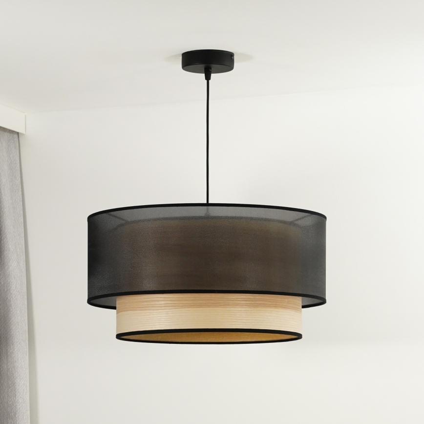 Duolla - Ljuskrona med textilsladd WOOD BOHO 1xE27/15W/230V diameter 45 cm svart/beige