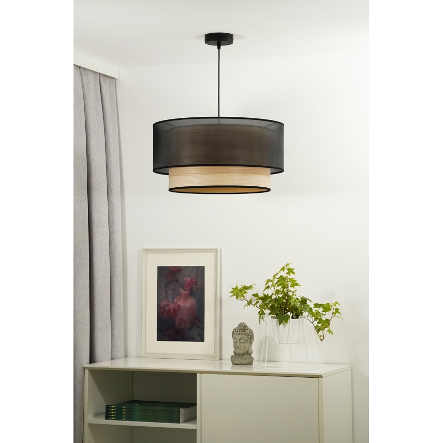 Duolla - Ljuskrona med textilsladd WOOD BOHO 1xE27/15W/230V diameter 45 cm svart/beige