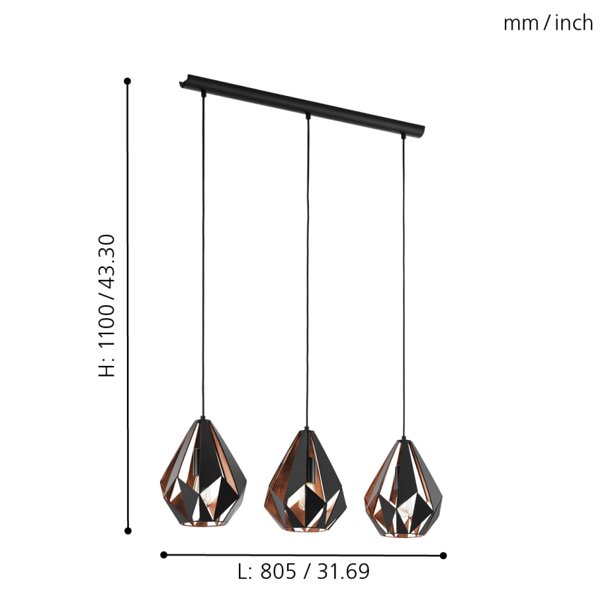 Eglo 49991 - Hängande lampa CARLTON 1 3xE27/60W/230V