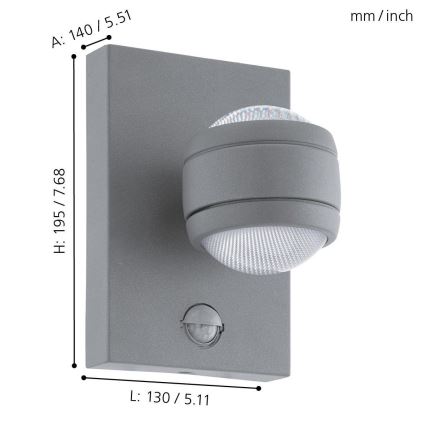 Eglo 96019 - LED utomhus Väggbelysning med sensor SESIMBA 1 2xLED/3.7W