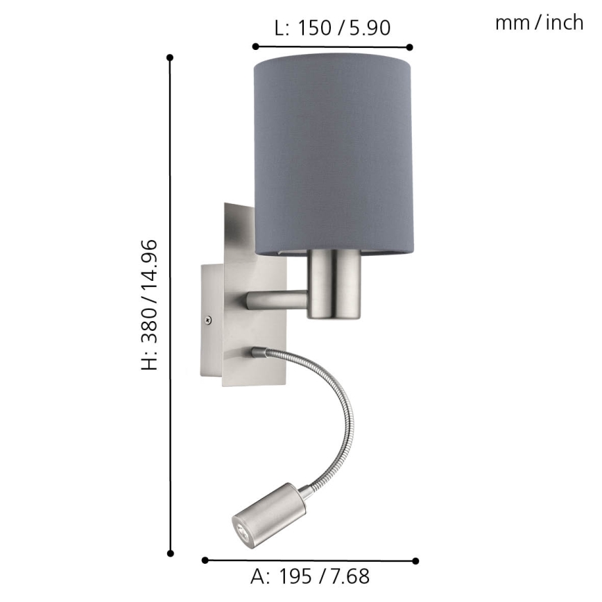 Eglo 96479 - LED Väggbelysning PASTERI 1xE27/40W+LED/3,8W grå