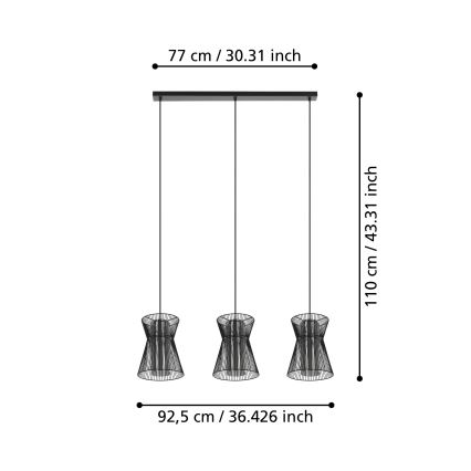Eglo - Ljusskrona med upphängningsrem  3xE27/40W/230V svart