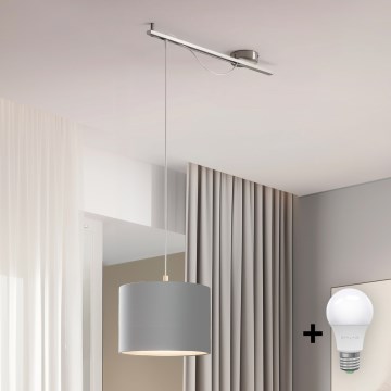 Eglo - LED ljuskrona med textilsladd CALCENA 1xE27/60W/230V krom/grå