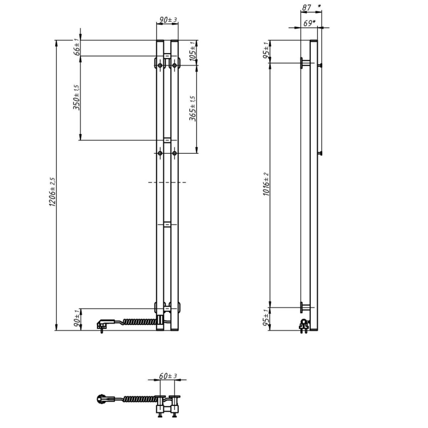 elekrtisk handdukstork med termostat SILOUETTE 187W/230V 120,6 cm IP44 vit rätt vinklat