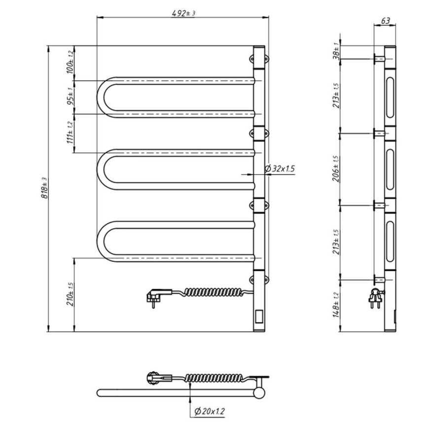 Elektrisk roterande handdukskena med termostat FOUETTE 185W/230V 81,8 cm IP44 svart