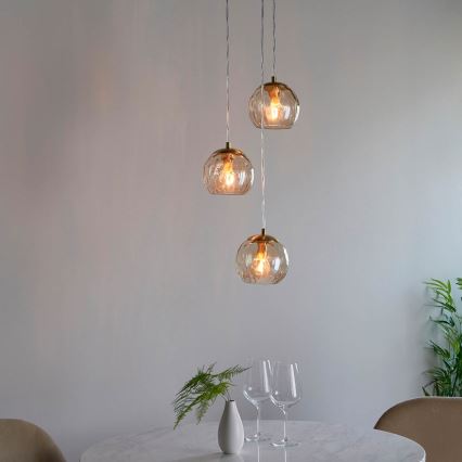 Endon 91971 - Pendellampa på vajer DIMPLE 3xE14/7W/230V guld/rökig beige