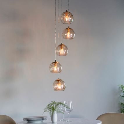 Endon 91972 - Taklampa med vajer DIMPLE 5xE14/7W/230V guld/rökbeige