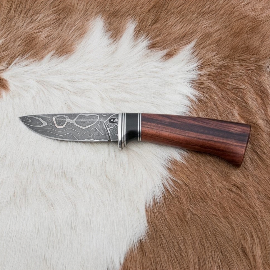 Exklusiv Damaskus kniv 9,6 cm rosenträ santos/ebenholts