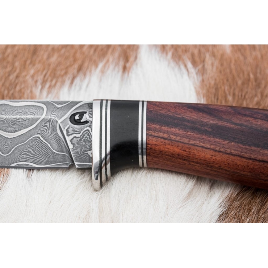 Exklusiv Damaskus kniv 9,6 cm rosenträ santos/ebenholts
