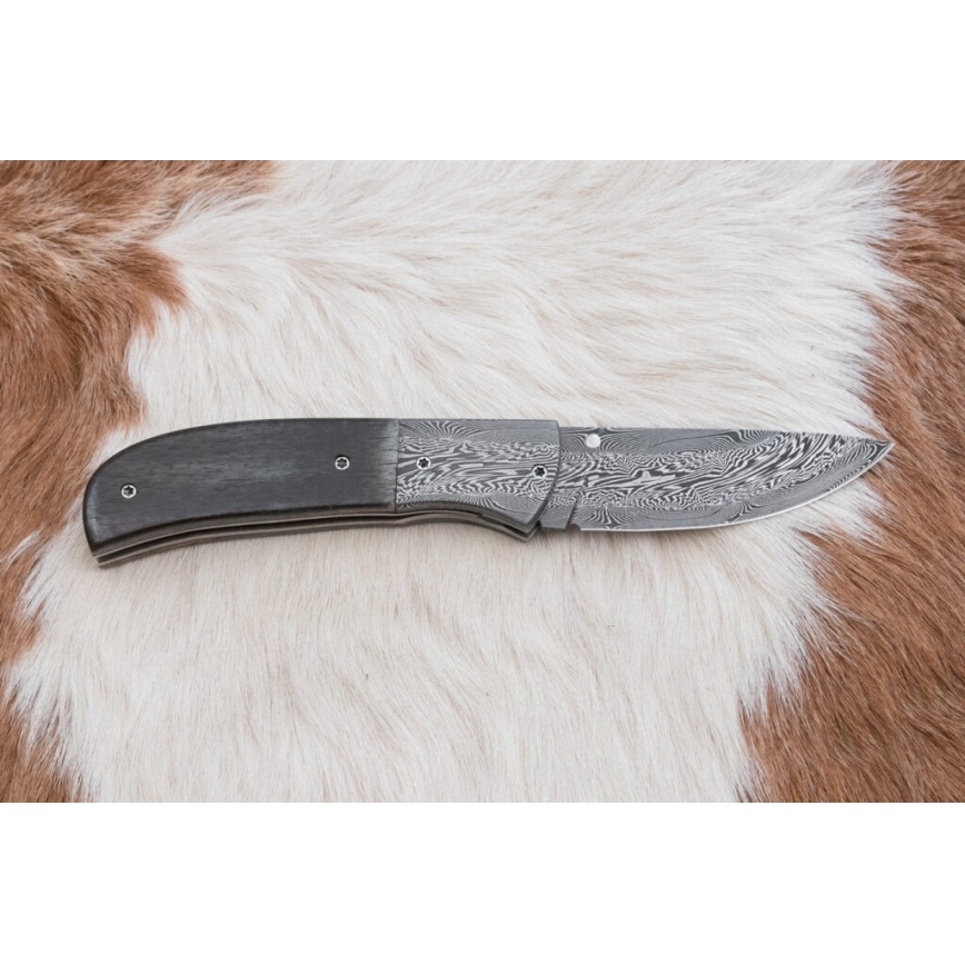 Exklusiv hopfällbar Damaskus kniv 8 cm mammutben