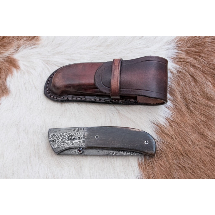 Exklusiv hopfällbar Damaskus kniv 8 cm mammutben