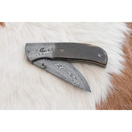 Exklusiv hopfällbar Damaskus kniv 8 cm mammutben