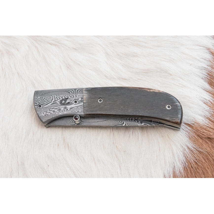 Exklusiv hopfällbar Damaskus kniv 8 cm mammutben