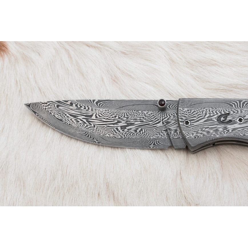 Exklusiv hopfällbar Damaskus kniv 8 cm mammutben