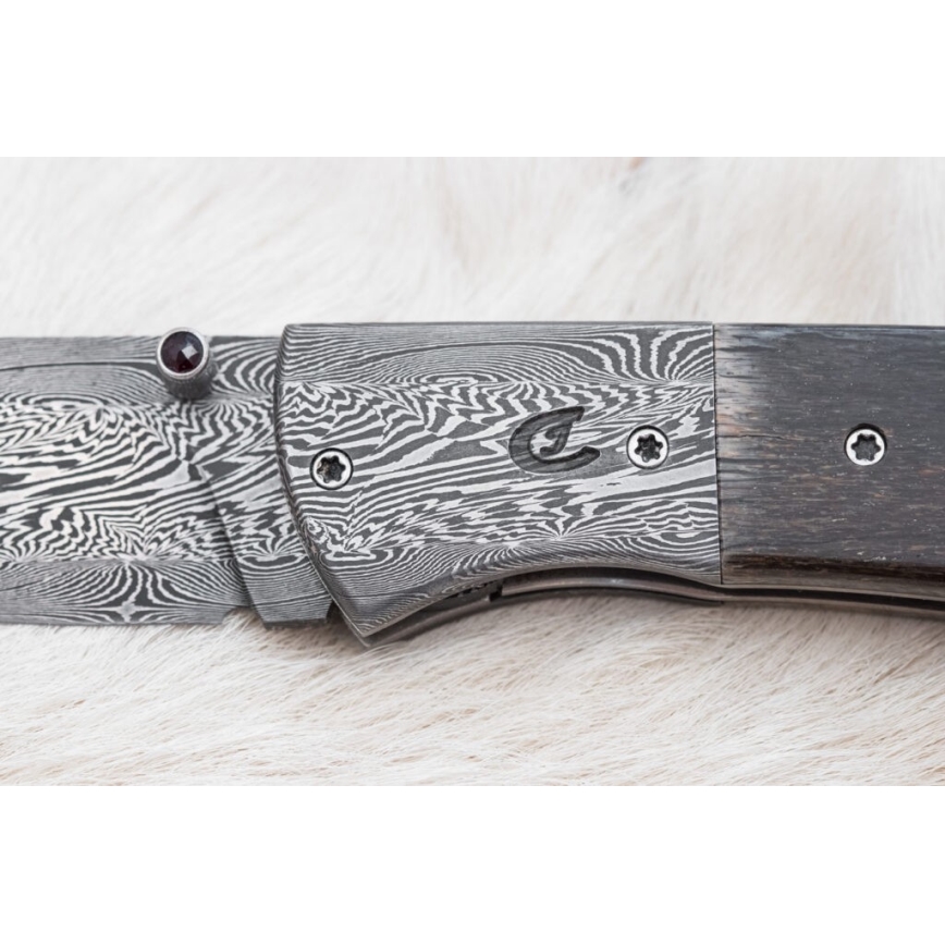 Exklusiv hopfällbar Damaskus kniv 8 cm mammutben