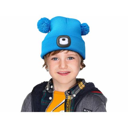 Extol - Hatt med pannlampa och USB-laddning 250 mAh blå med pompoms storlek barn