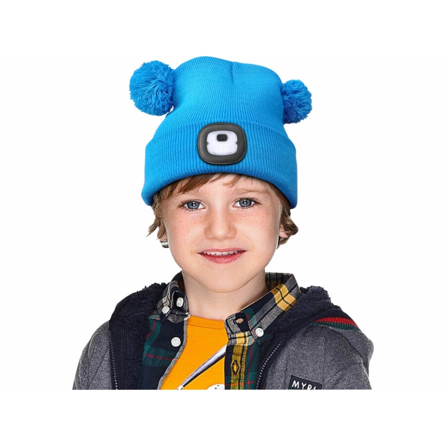 Extol - Hatt med pannlampa och USB-laddning 250 mAh blå med pompoms storlek barn