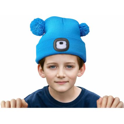 Extol - Hatt med pannlampa och USB-laddning 250 mAh blå med pompoms storlek barn