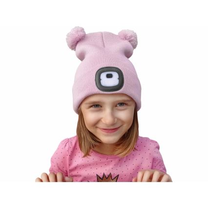 Extol - Hatt med pannlampa och USB-laddning 250 mAh rosa med pompoms storlek barn