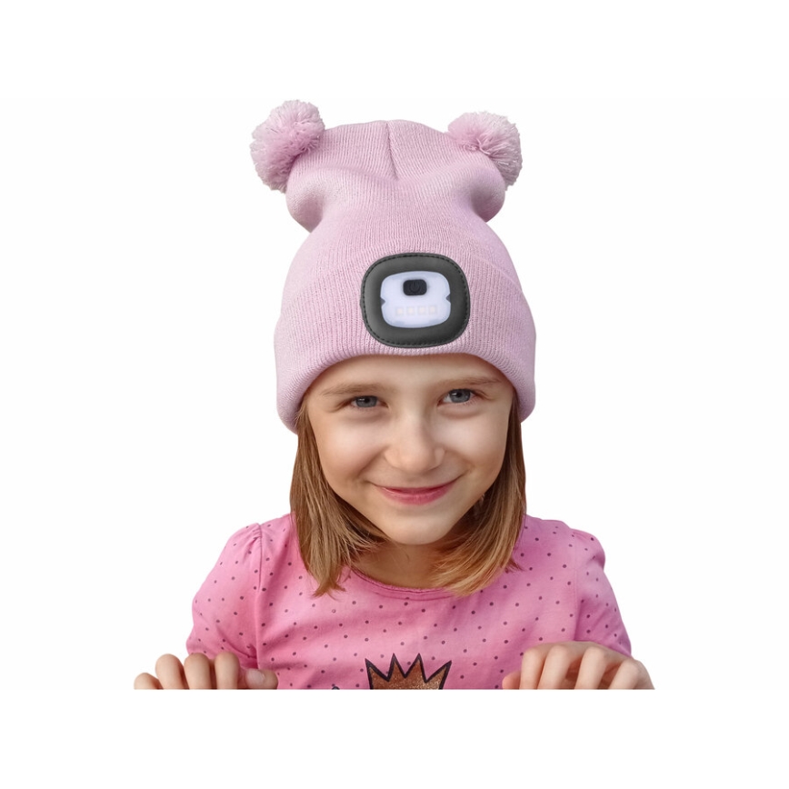 Extol - Hatt med pannlampa och USB-laddning 250 mAh rosa med pompoms storlek barn