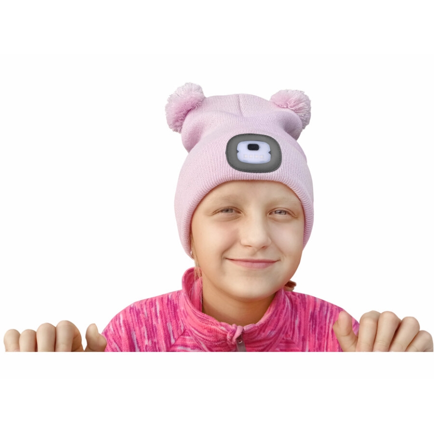 Extol - Hatt med pannlampa och USB-laddning 250 mAh rosa med pompoms storlek barn