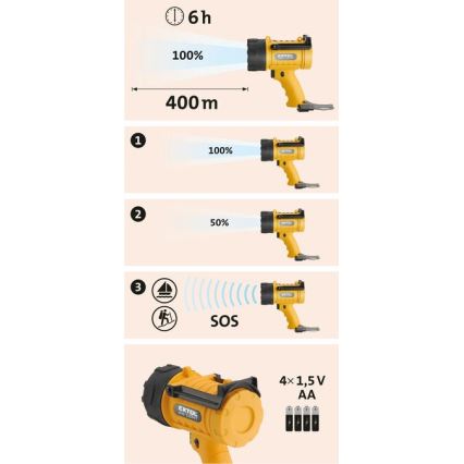 Extol - LED Ficklampa LED/5W/4xAA IP67 gul/svart