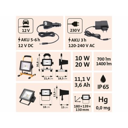 Extol - LED Uppladdningsbar strålkastare LED/20W/3600 mAh/11,1V IP65