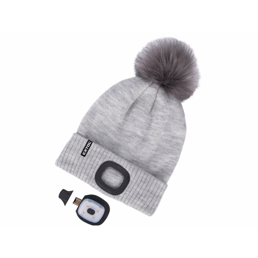 Extol - Mössa med pannlampa och USB-laddning 300 mAh grå med pompom storlek UNI