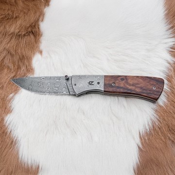 Fällbar Damaskus kniv 8 cm ironwood
