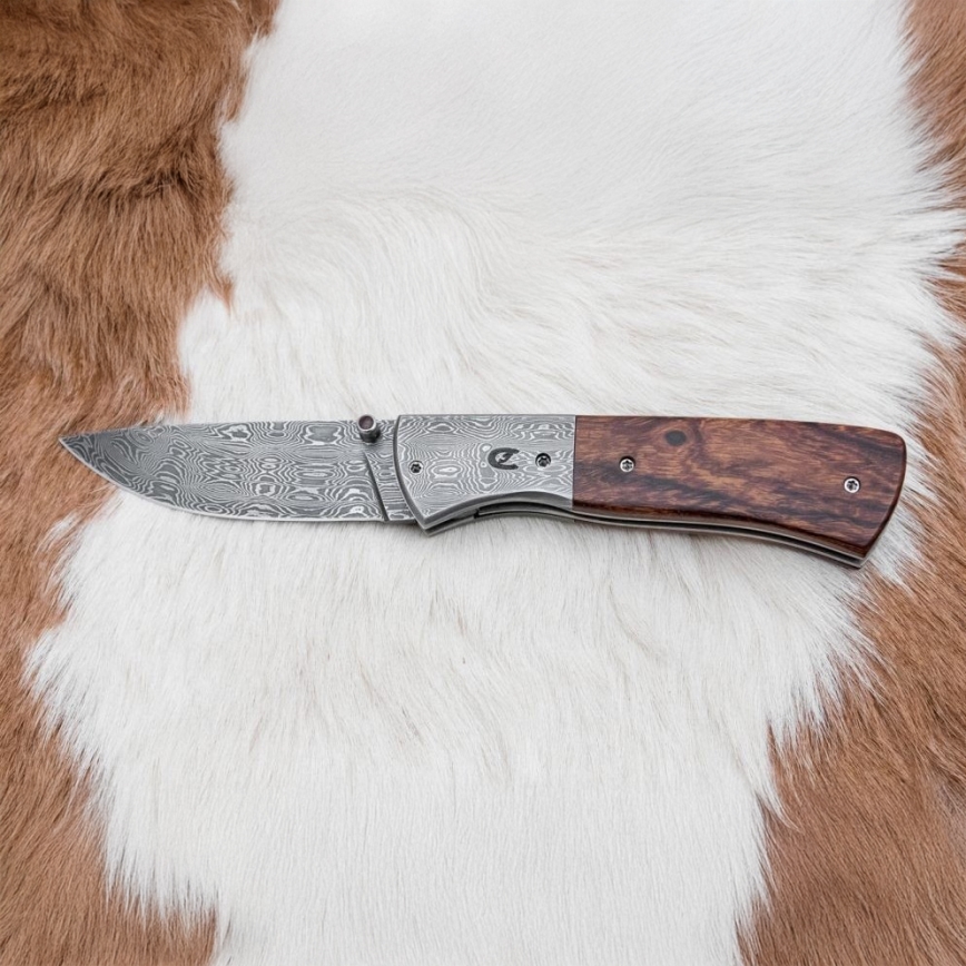 Fällbar Damaskus kniv 8 cm ironwood