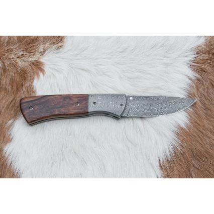 Fällbar Damaskus kniv 8 cm ironwood