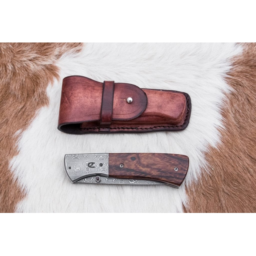 Fällbar Damaskus kniv 8 cm ironwood