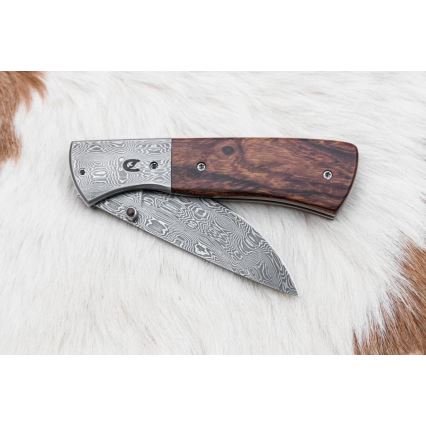 Fällbar Damaskus kniv 8 cm ironwood
