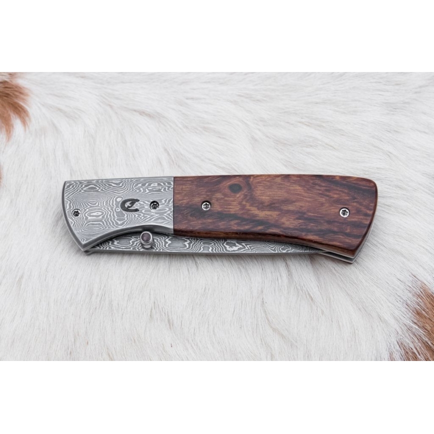 Fällbar Damaskus kniv 8 cm ironwood