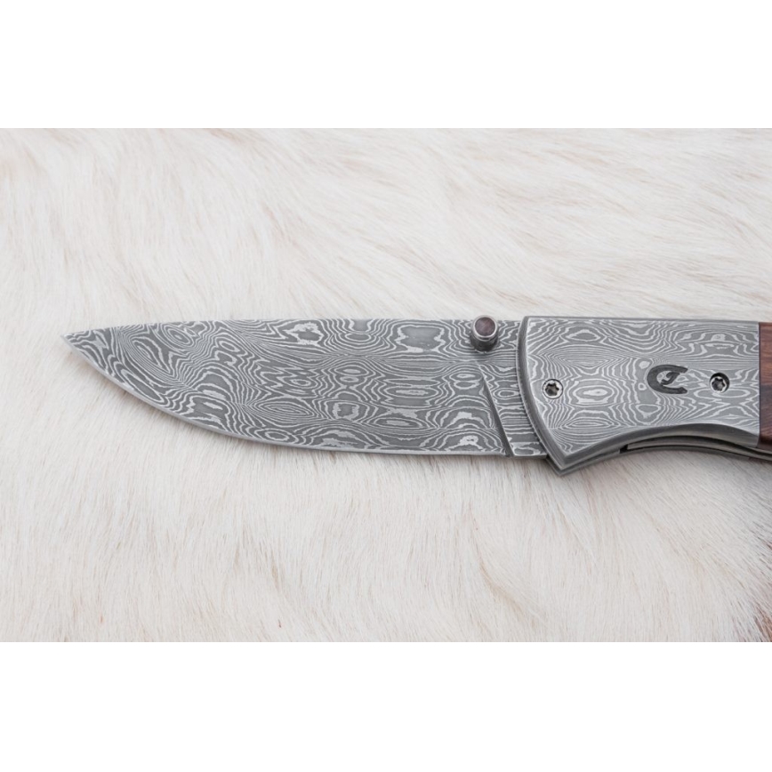 Fällbar Damaskus kniv 8 cm ironwood