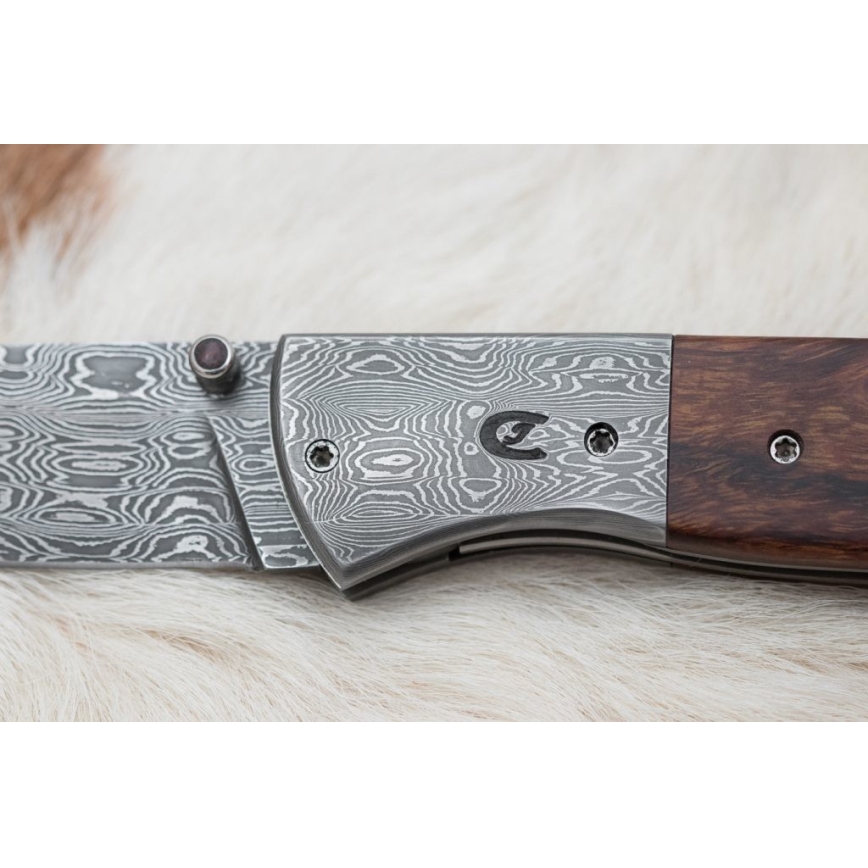 Fällbar Damaskus kniv 8 cm ironwood