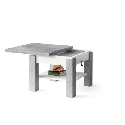 Utdragbart soffbord/matbord med lyftbar bordsskiva CALEB grå betong/vit