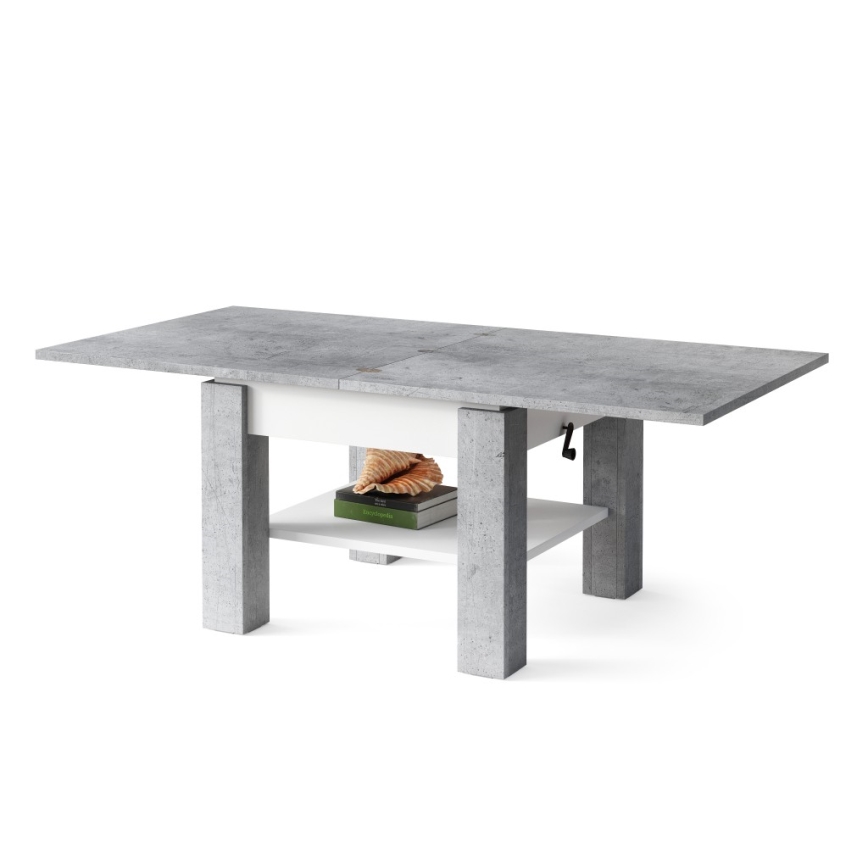 Utdragbart soffbord/matbord med lyftbar bordsskiva CALEB grå betong/vit