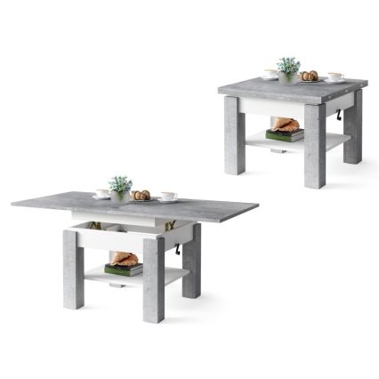 Utdragbart soffbord/matbord med lyftbar bordsskiva CALEB grå betong/vit