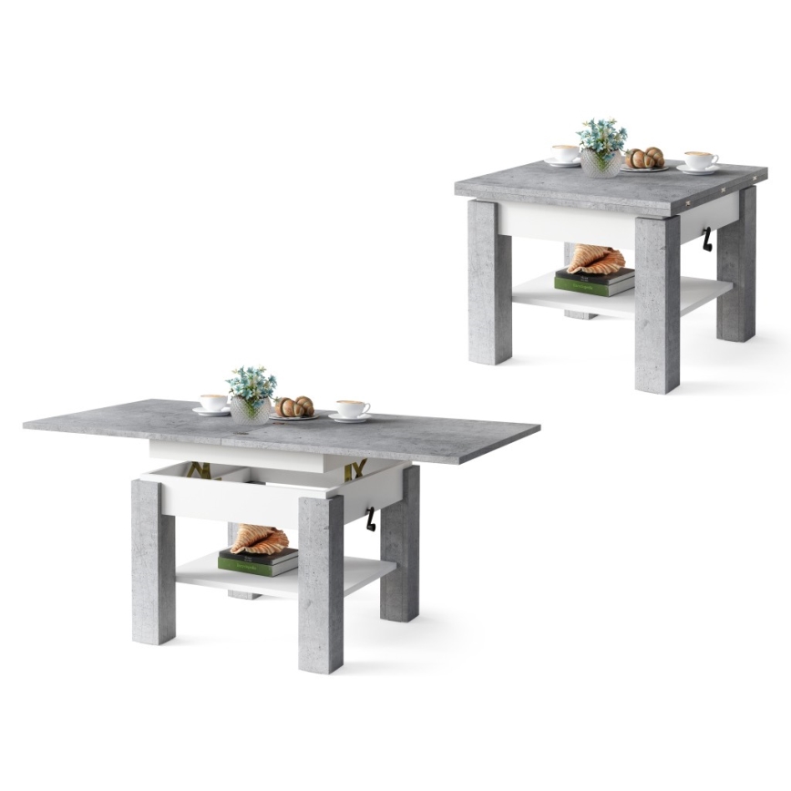 Utdragbart soffbord/matbord med lyftbar bordsskiva CALEB grå betong/vit
