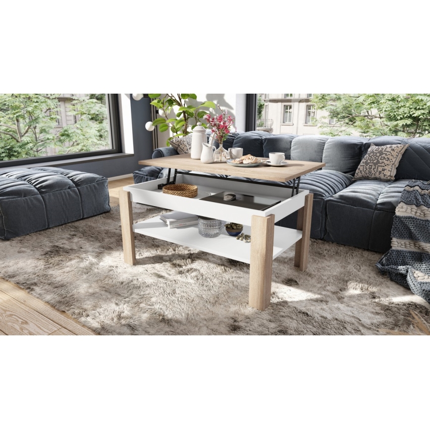 Fällbart soffbord med lyfttopp med hylla ADEN ek sonoma/vit