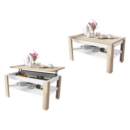 Fällbart soffbord med lyfttopp med hylla ADEN ek sonoma/vit