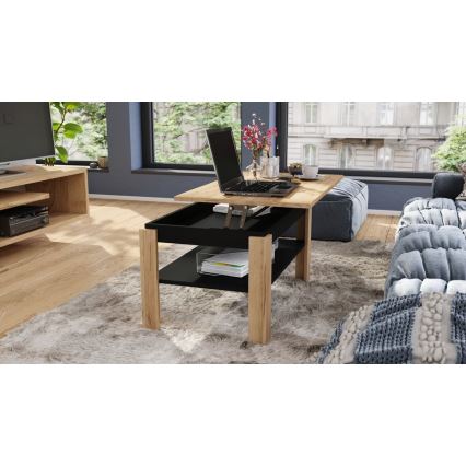 Fällbart soffbord med lyfttopp med hylla ADEN ek/svart