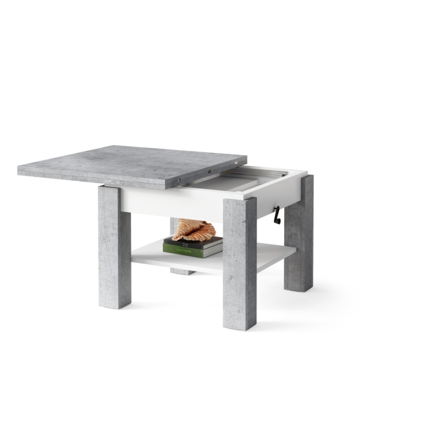 Fällbart soffbord med lyfttopp med hylla CALEB grå/vit