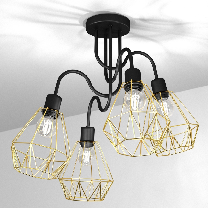 Fäst ljuskrona BERGEN 4xE27/60W/230V svart/gyllene