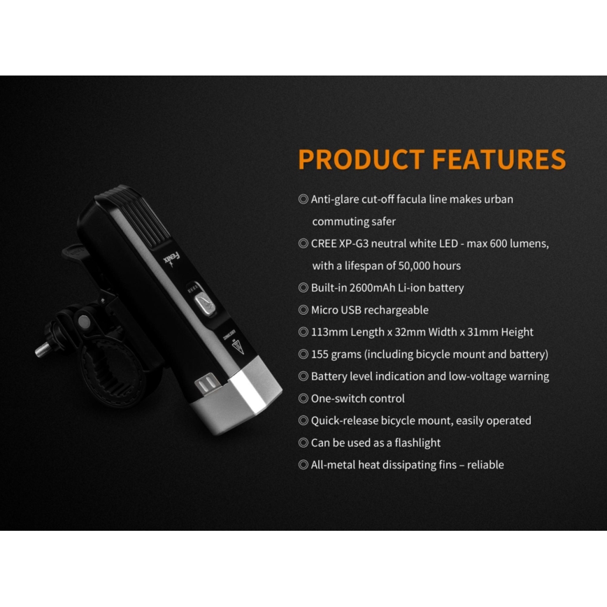 Fenix BC25R - LED Uppladdningsbar Fick lampa LED/USB IP66 600 lm 36 h