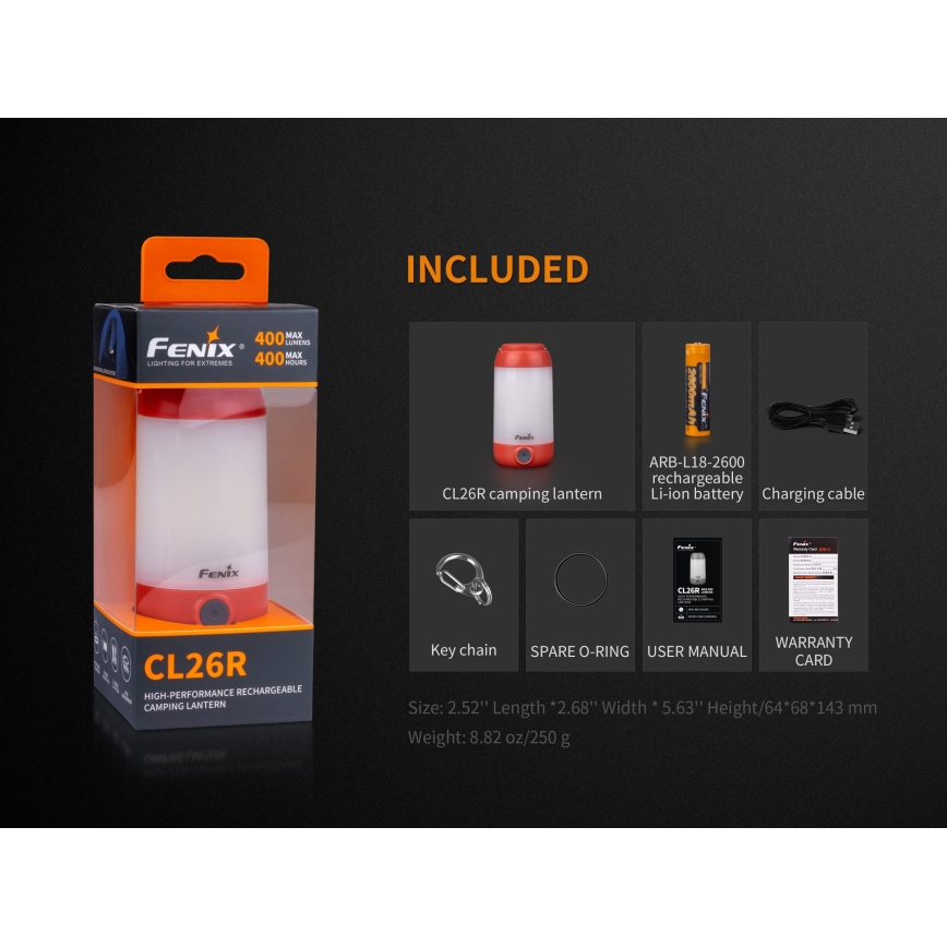 Fenix CL26RRED - LED dimbar bärbar uppladdningsbar lampa LED/USB/2xCR123A IP66 400 lm 400 h 2600 mAh orange