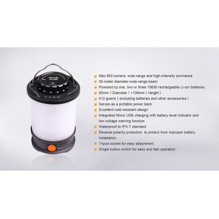 Fenix CL30R - LED bärbar uppladdningsbar lampa LED/USB/6xCR123A IPX7 650 lm 300 h 2600 mAh