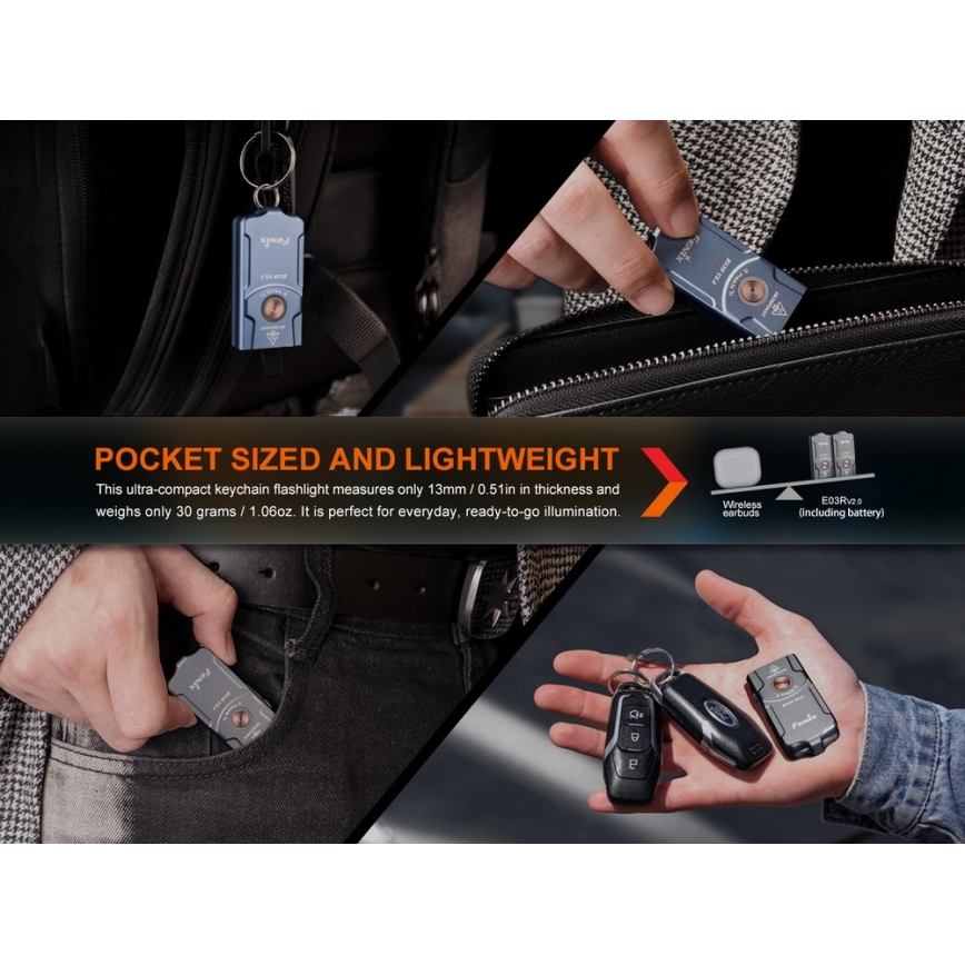 Fenix E03RV20BLU - LED uppladdningsbar ficklampa LED/USB IP66 500 lm 30 h 400 mAh